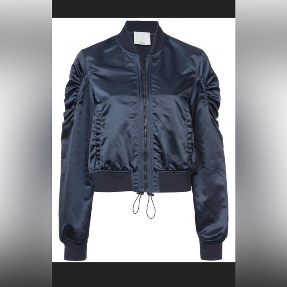Tibi Navy Satin Bomber Jacket